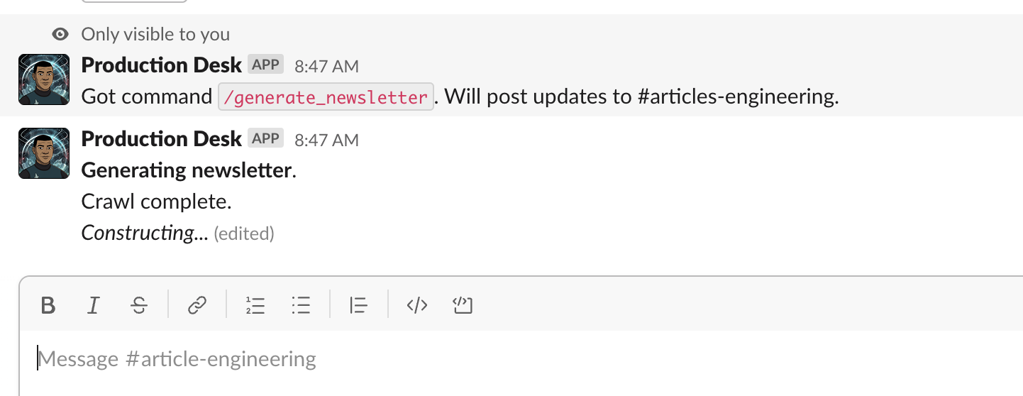 A screen grab of a chat bot in Slack used to build the City Report newsletter