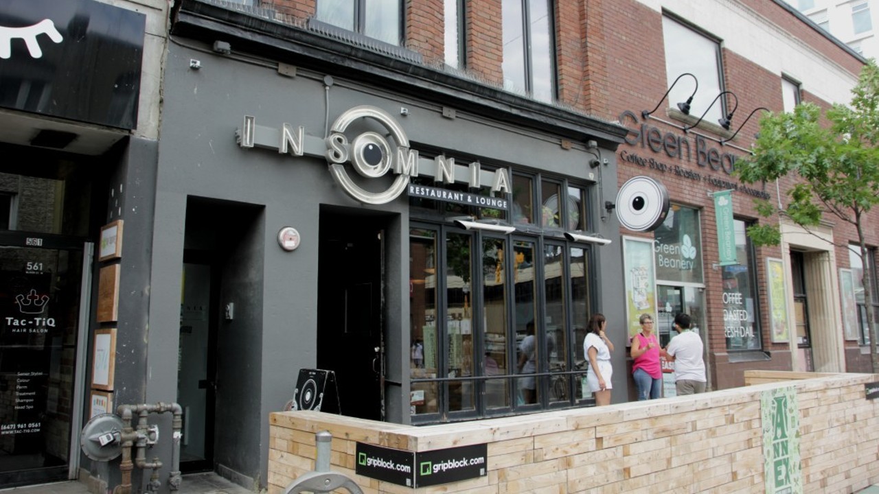 A view of the outside of Insomnia bar and restaurant in Toronto