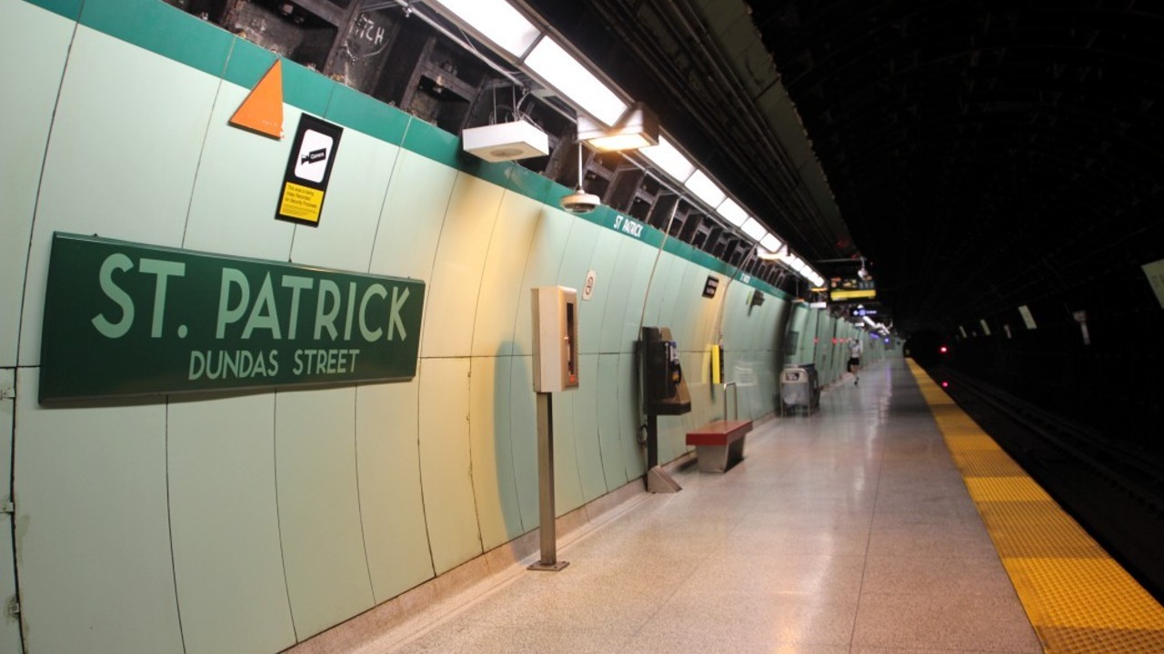 A photo of the platform at St. Patrick Subway Station in Toronto