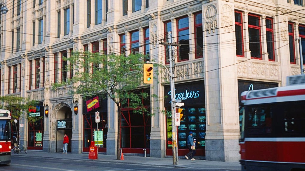 An image of the facade of 299 Queen St. W. in the heyday of MuchMusic
