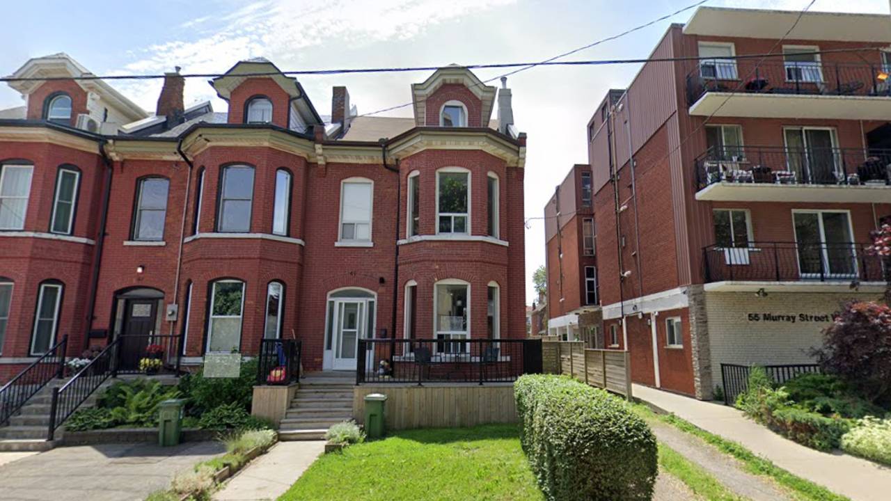 The facade of a Hamilton, Ontario, row house