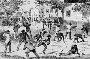 An archival illustration of the Jubilee Riots at the corner of Simcoe and Adelaide in Toronto, 1875