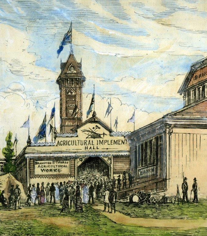 An illustration of the Agricultural Implements Hall from the 1879 Toronto Industrial Exhibition