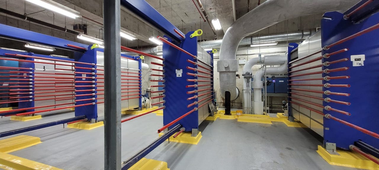 An image of heat exchangers at the John Street Pumping Station energy centre