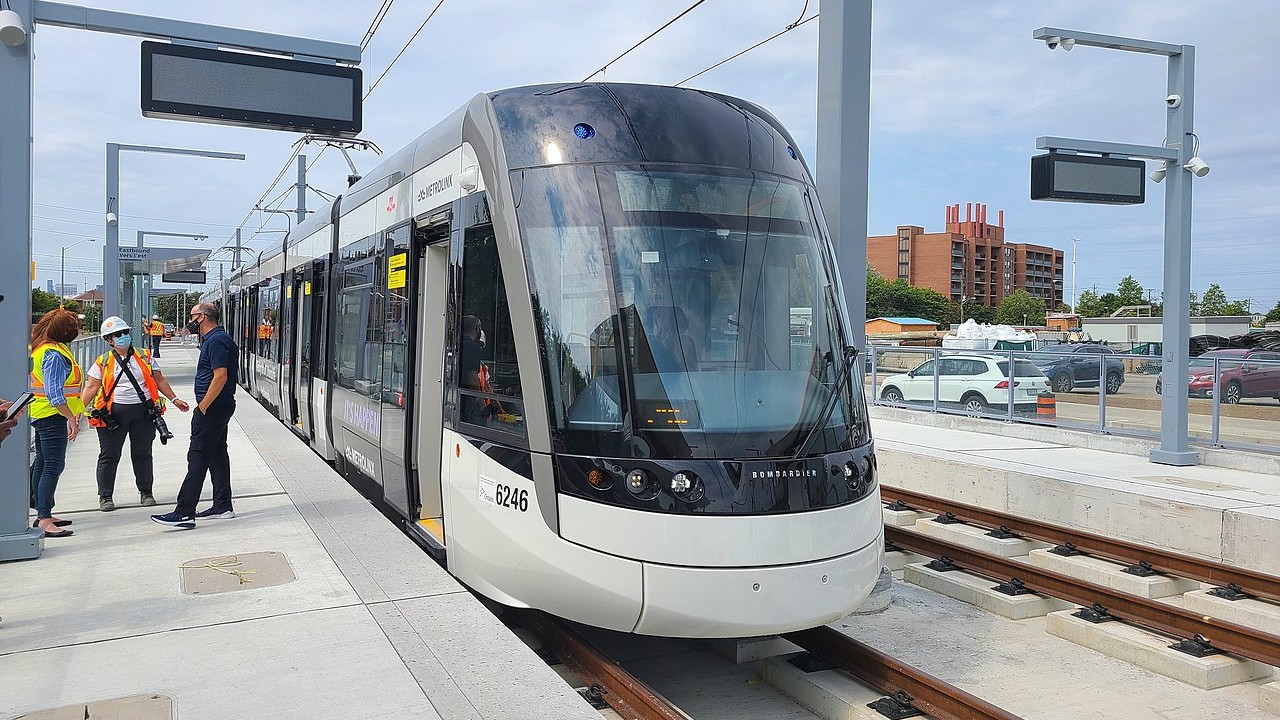 An image of a Bombardier Flexity Freedom tram vehicle being tested on the surface
    section of the Eglinton Crosstown in August 2021
