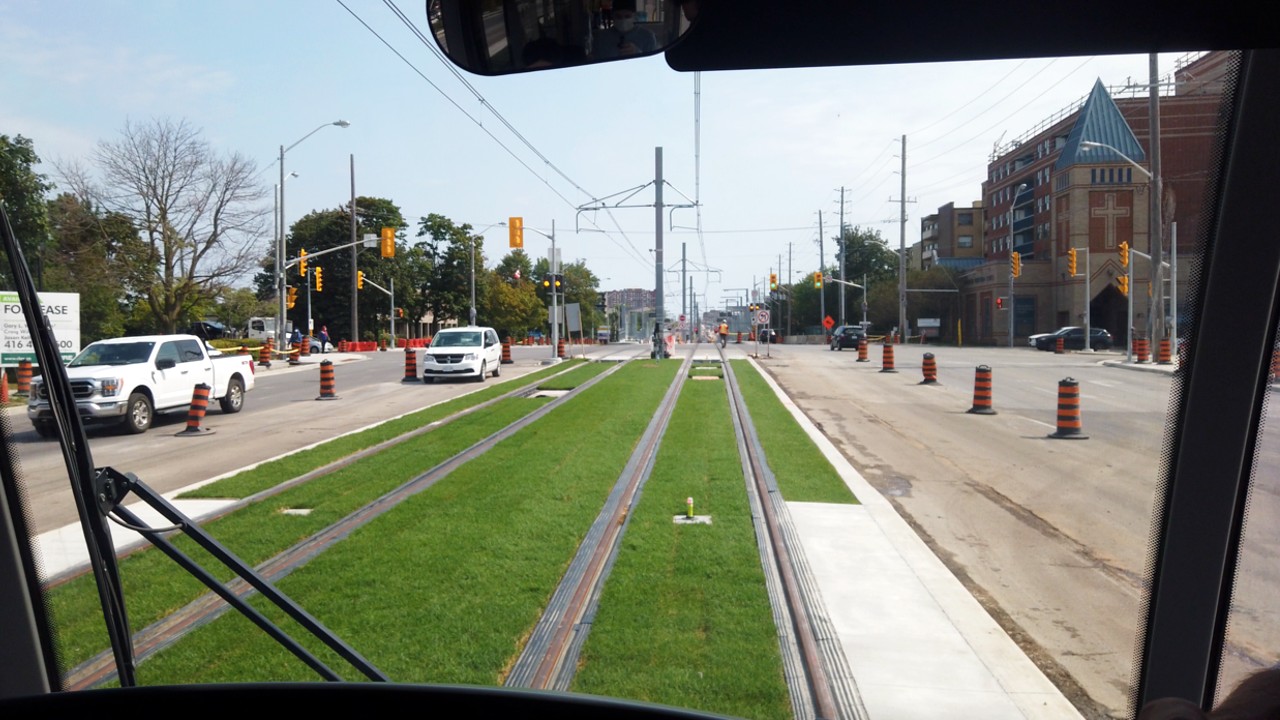 An image of a green-track section on the Eglinton Crosstown LRT line