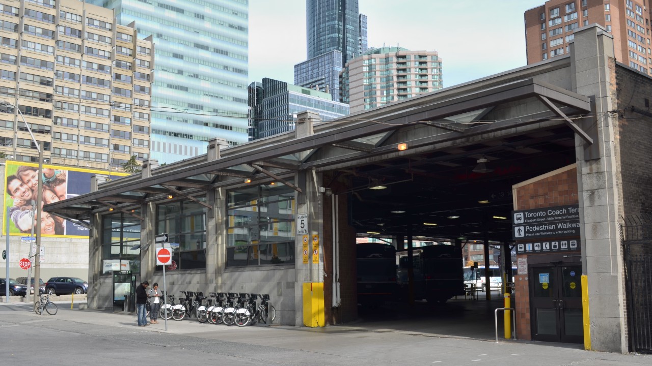 The bus bay at Toronto Coach Terminal at Dundas St. W. and Bay St.