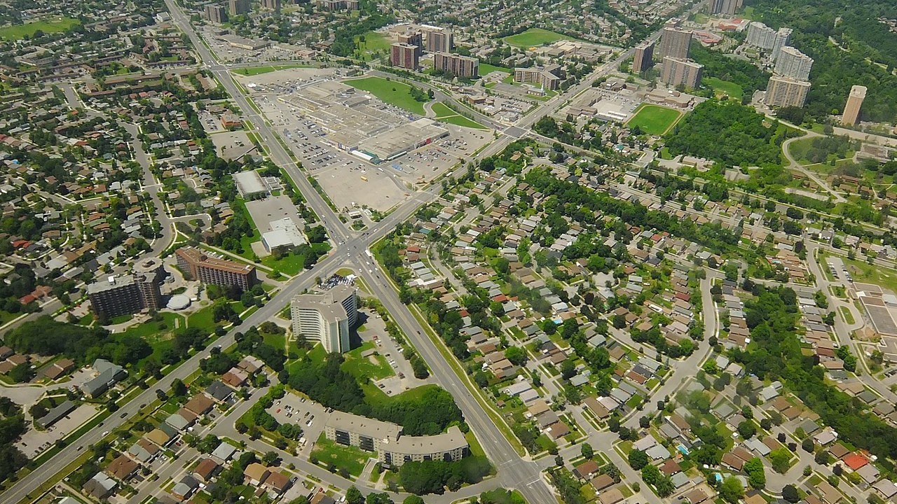 An aerial image of the intersection of Albion Rd. and Kipling Ave. in Etobicoke