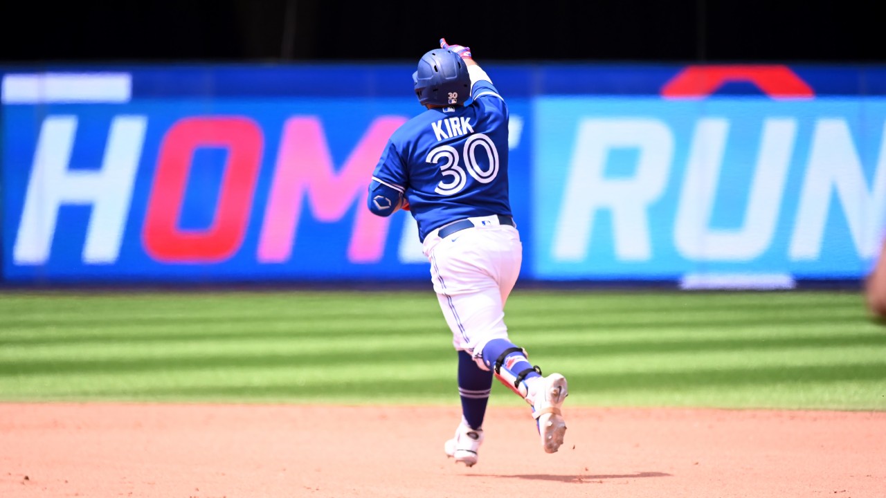Toronto Blue Jays catcher Alejandro Kirk trots around the bases after a home run at Rogers Centre