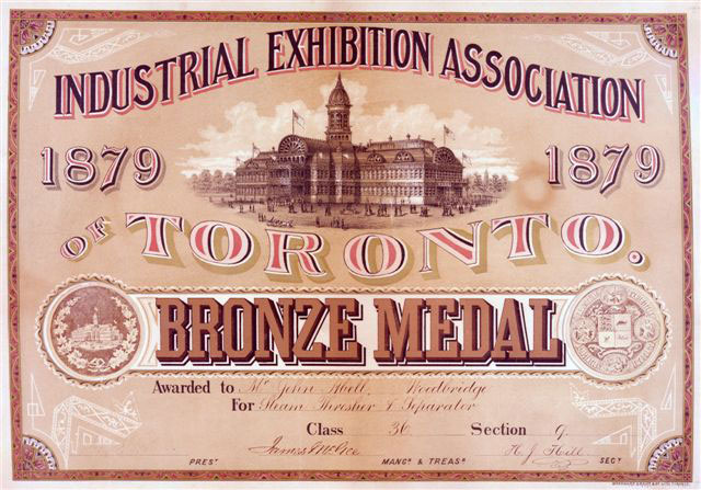 A bronze-medal certificate from the Toronto Industrial Exhibition, 1879