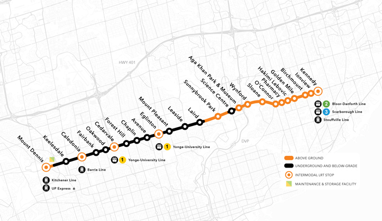 A map of the Eglinton Crosstown LRT line