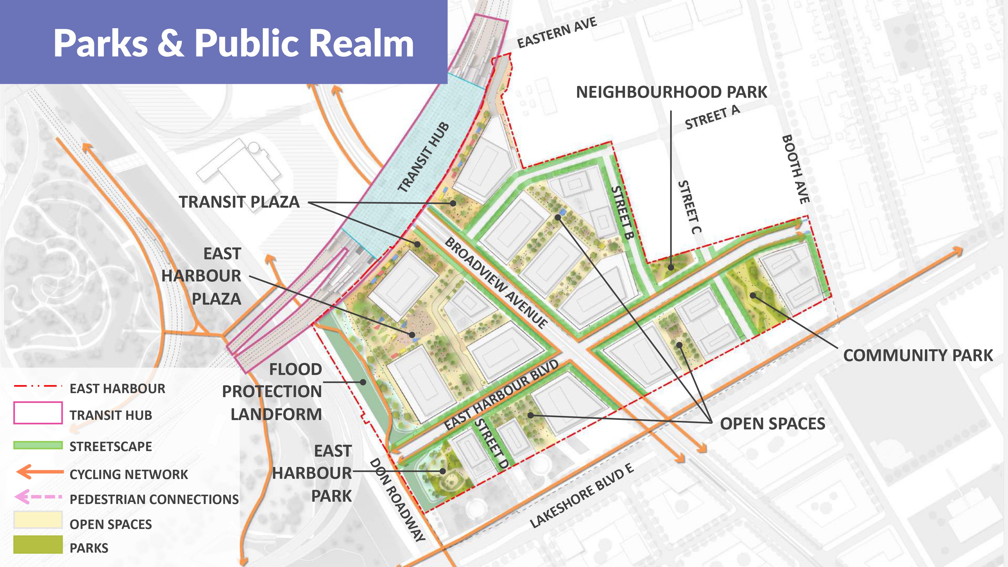 A map showing planned parks and public space in East Harbour