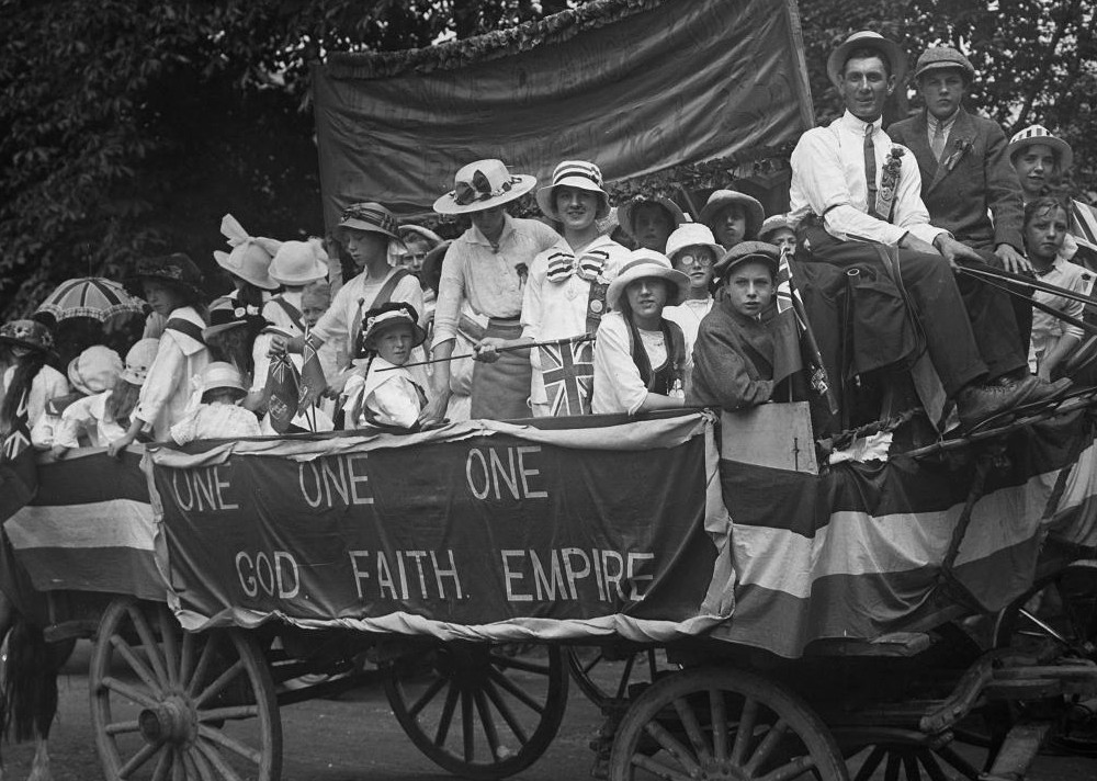 A black and white image of a float in the Orange Day Parade in Toronto in 1919