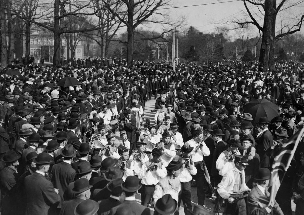 A black and white image of the Orange Day Parade at Queen’s Park in 1912