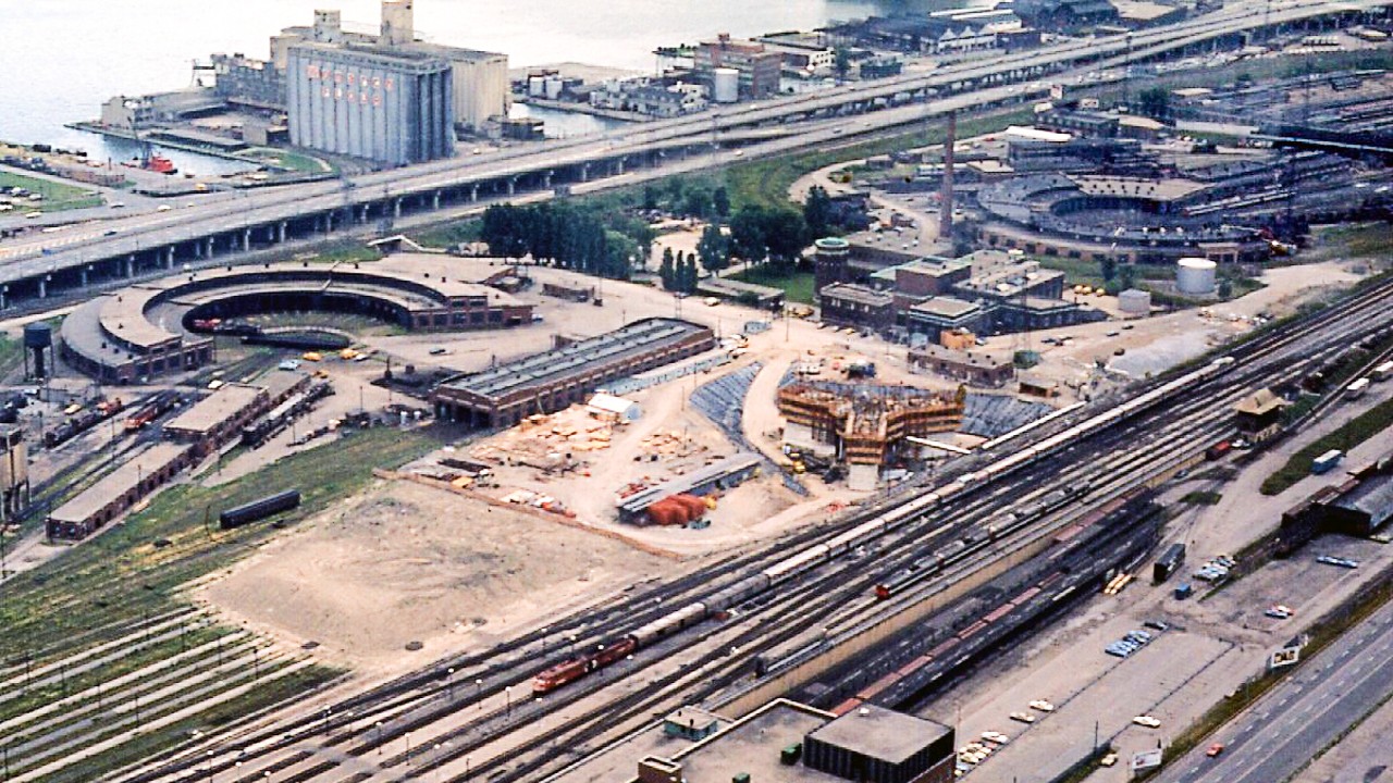 A view of the Toronto railyards with the Gardiner Expressway in the background