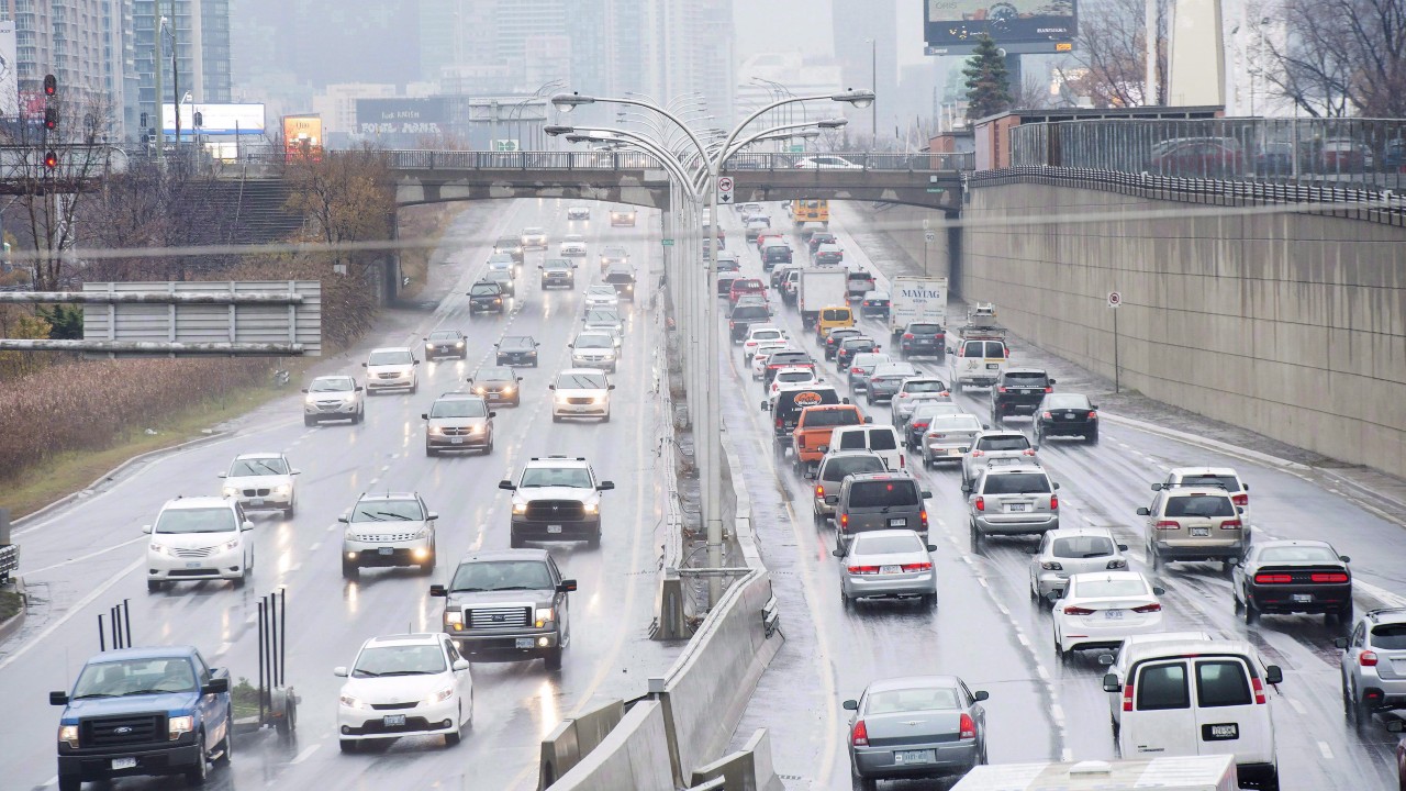 Vehicles drive on the Gardiner Expressway in Toronto in 2016