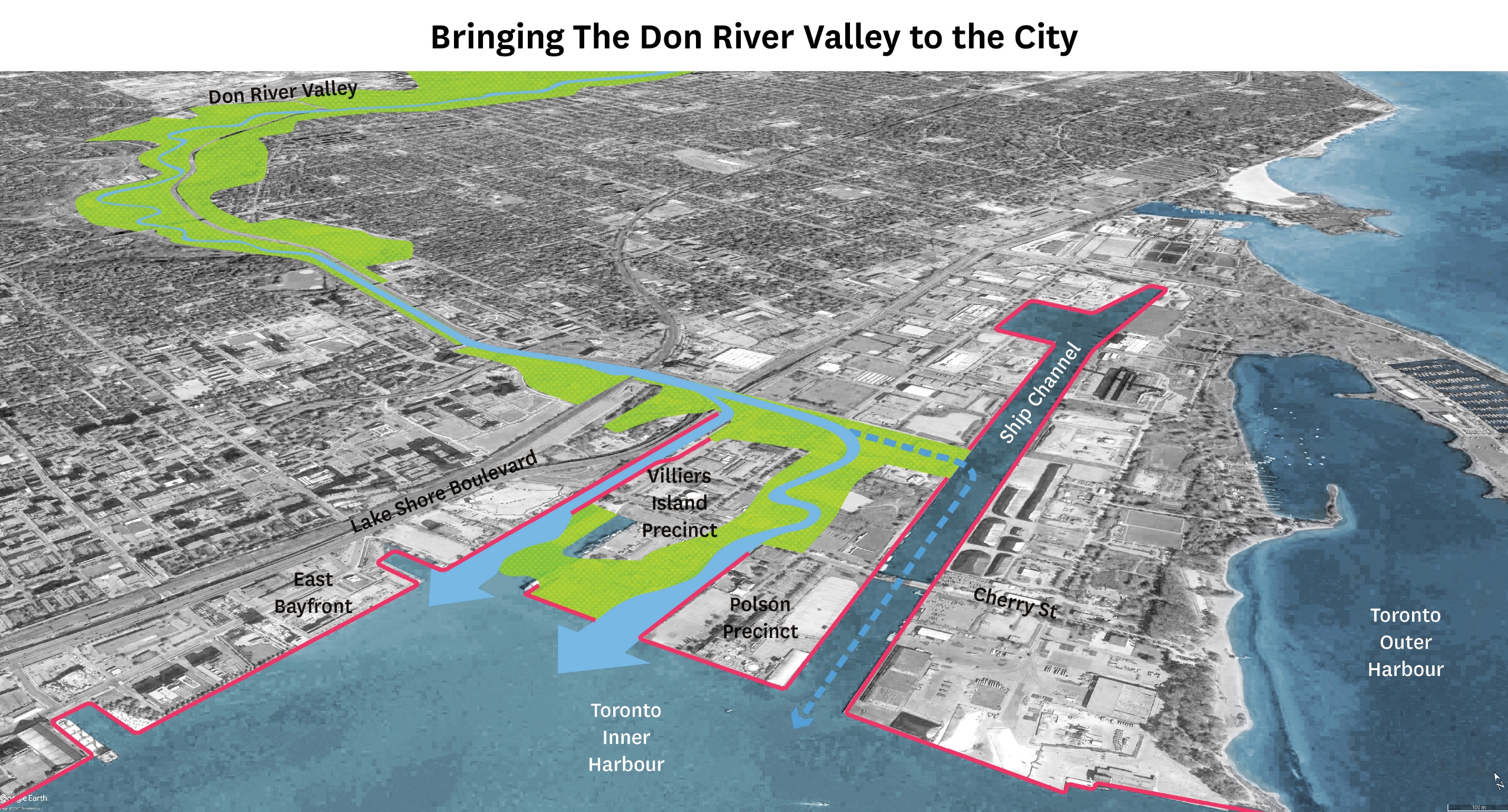 Graphic showing three exits for the Don River into Lake Ontario, as part of a Waterfront Toronto presentation on the Port Lands