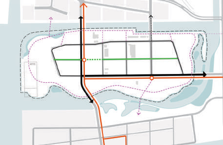 A slide from a Waterfront Toronto presentation, showing a map of Villiers Island with transit corridors highlighted