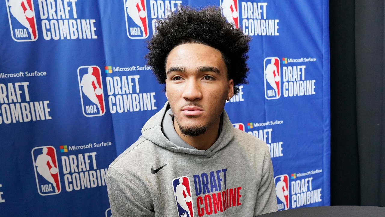 Jalen Hood-Schifino listens to a question from the media during the 2023 NBA basketball Draft Combine