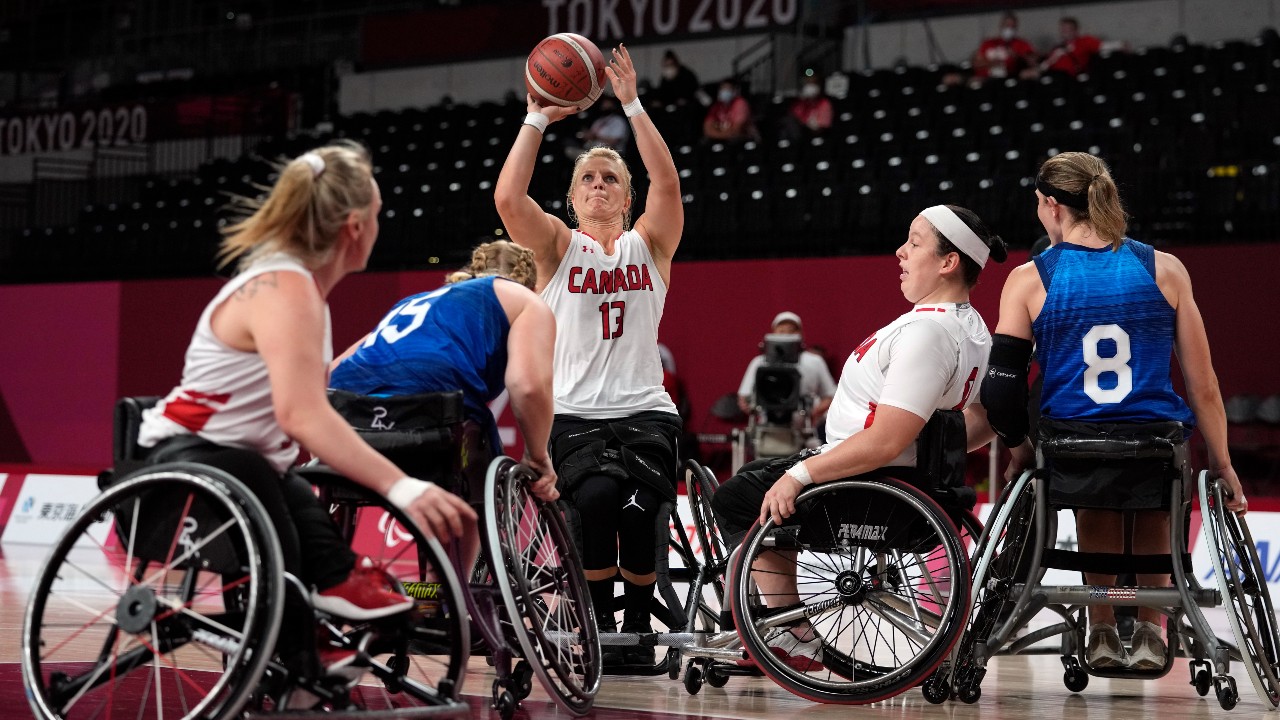 Canadian wheelchair basketball athlete Kathleen Dandeneau takea shot in competition at the Tokyo 2020 Paralympic Games