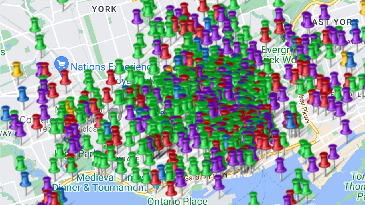 A screen grab of the map on the Toronto Kiss Map