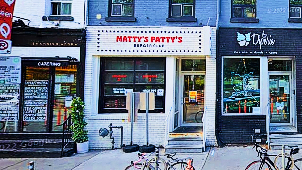 A view of the facade of Matty’s Patty’s Burger Club in Toronto