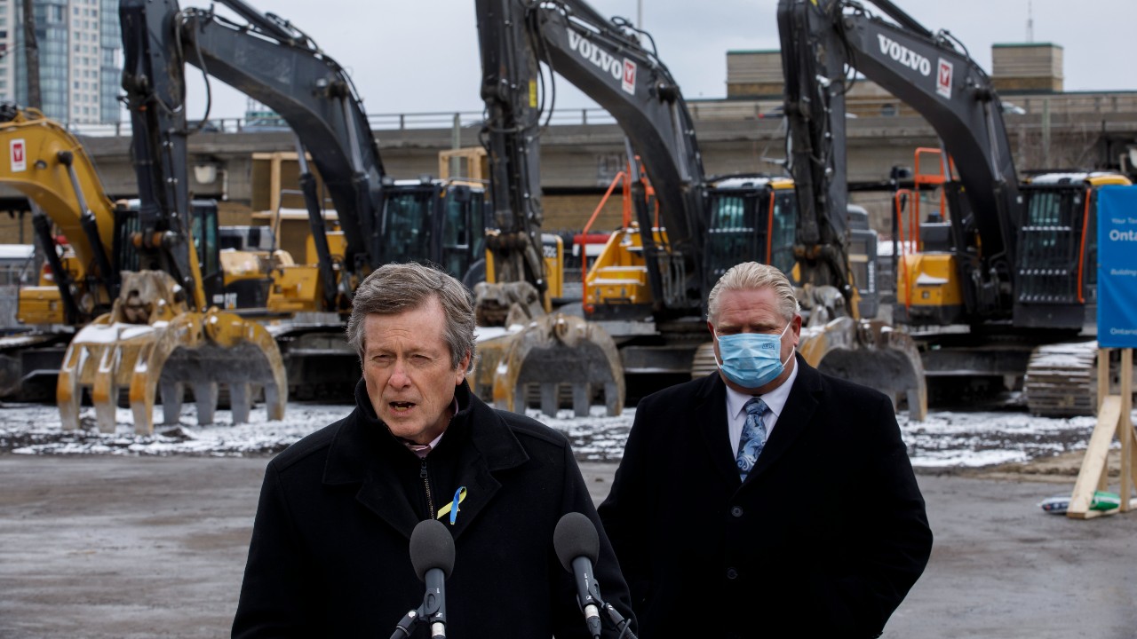 Toronto Mayor John Tory speaks at an Ontario Line groundbreaking ceremony in March 2022