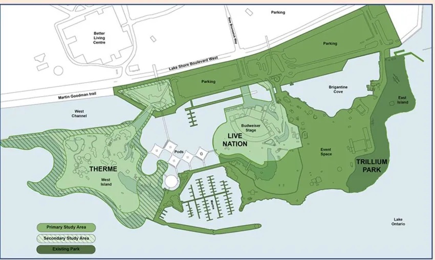 A map of the Ontario Place redevelopment plan as of November 2022
