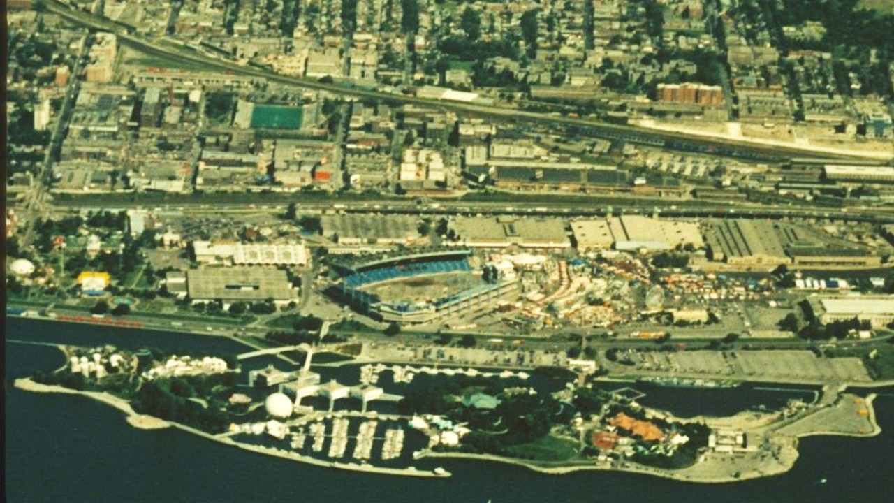 View of Ontario Place from the sky in the early 1990s