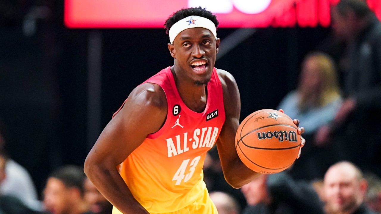 Toronto Raptors forward Pascal Siakam dribbles the ball up the court in the 2023 NBA All-Star Game