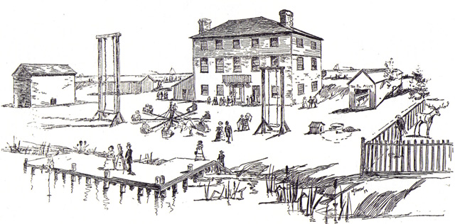 An engraving of the Peninsula Hotel, which stood on the sandbar connecting Toronto Islands to mainland Toronto