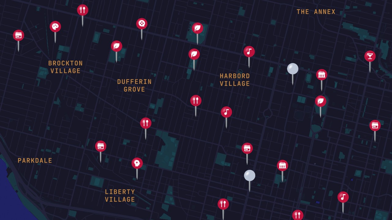 A screen shot of the Torontoverse map with places of interest indicated by pins