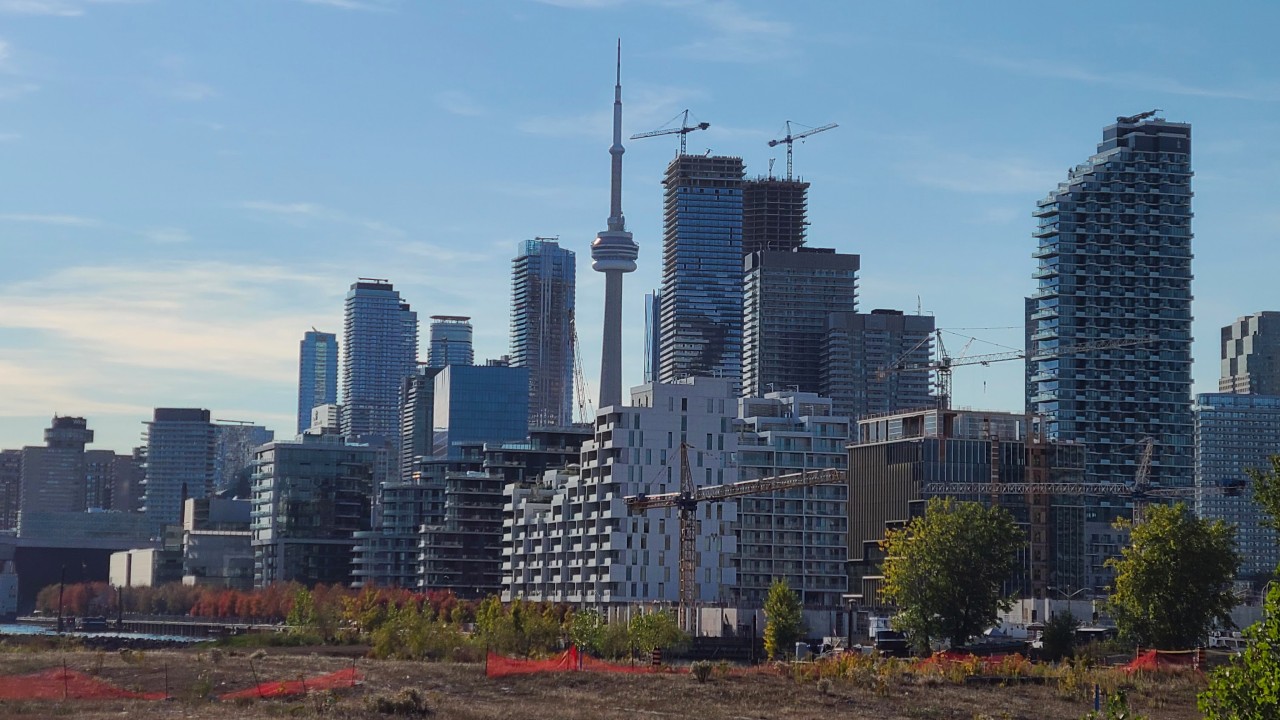 A view of the downtown Toronto skyline from the Port Lands
