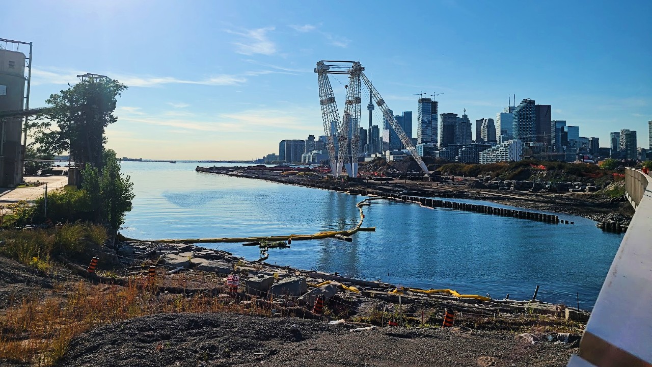 A photo of the new mouth for the Don River, south of the newly created Villiers Island in Toronto