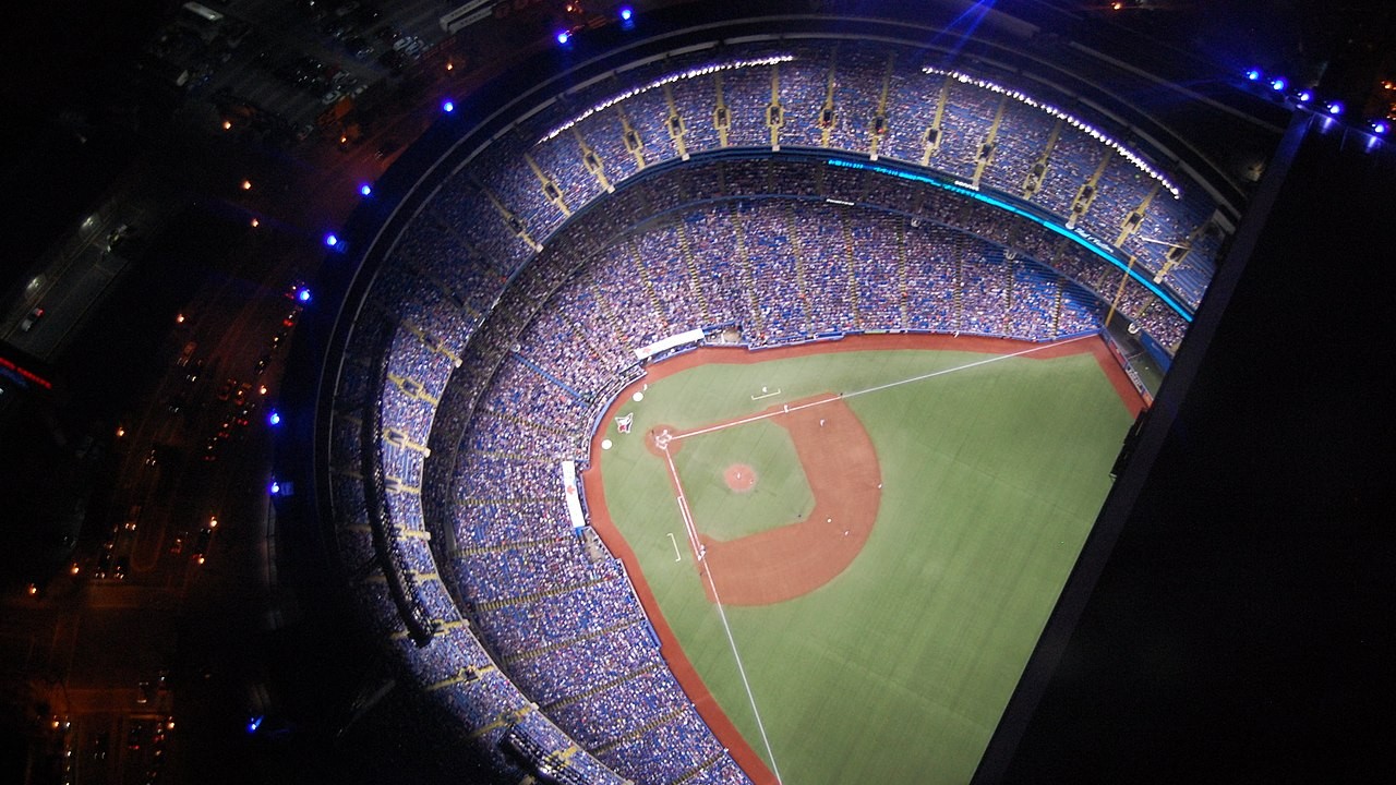 A photo of Rogers Centre at night during a Toronto Blue Jays game, taken from above