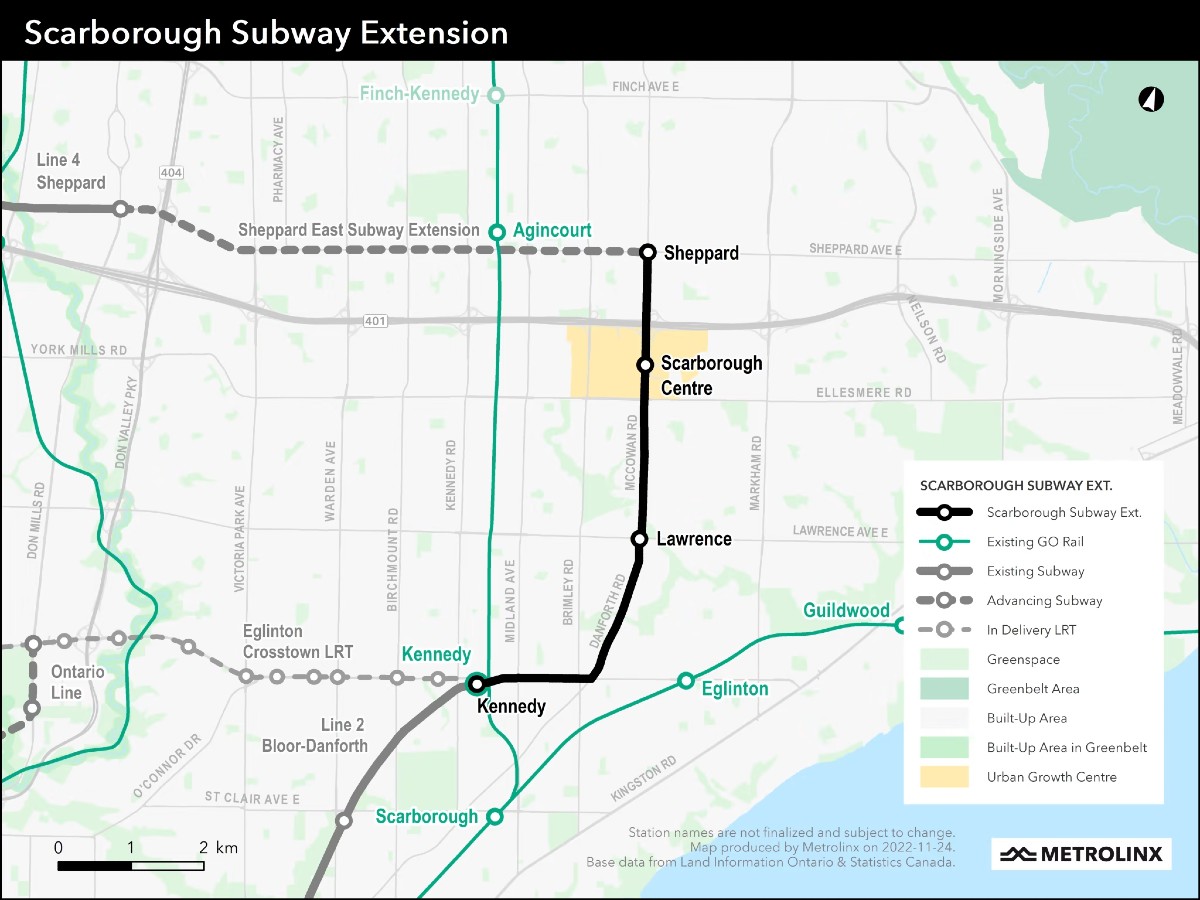 A map of the Scarborough Subway Extension