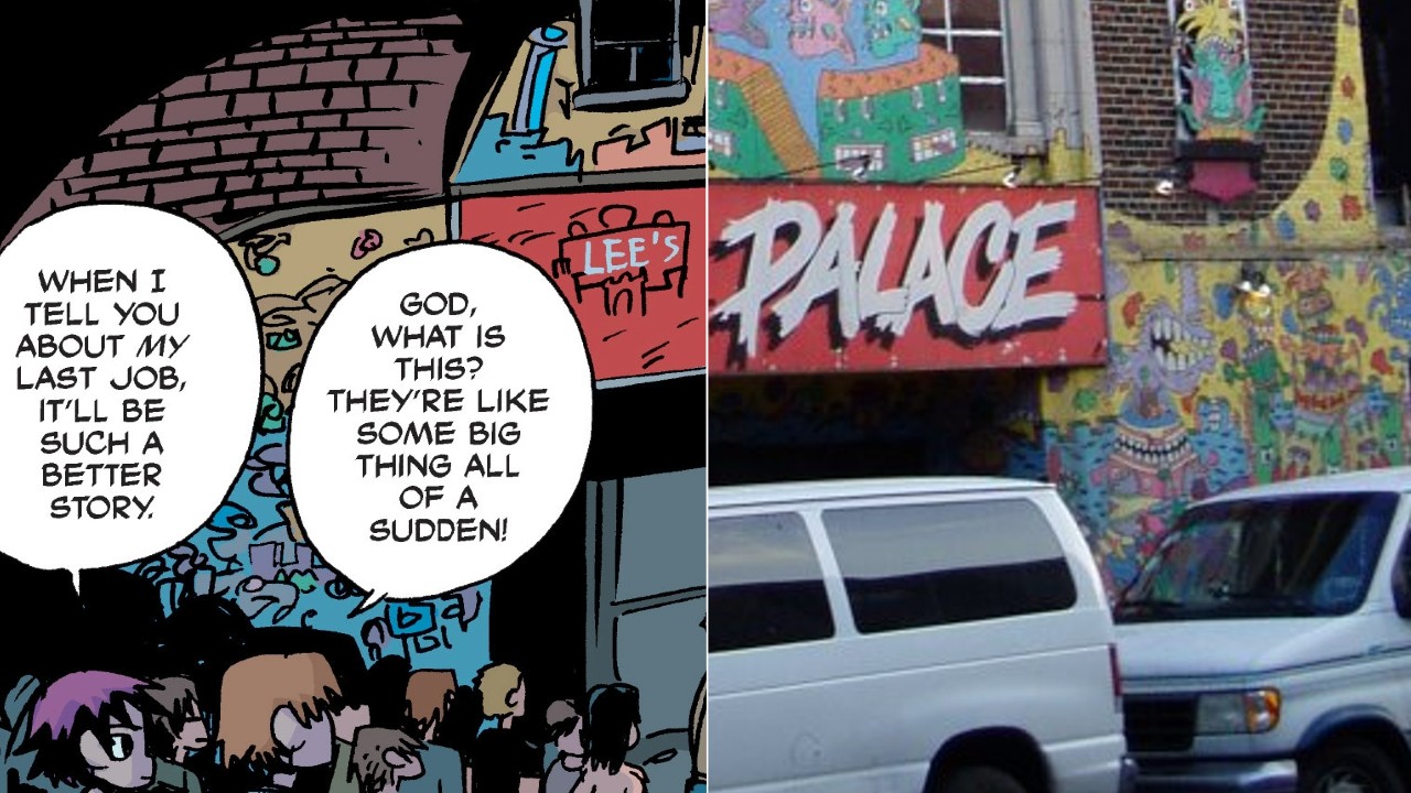 A split image of Lee’s Palace, a Toronto music venue, with half of the image being an illustration from the Scott Pilgrim graphic novel series and the other half being a photo from 2005