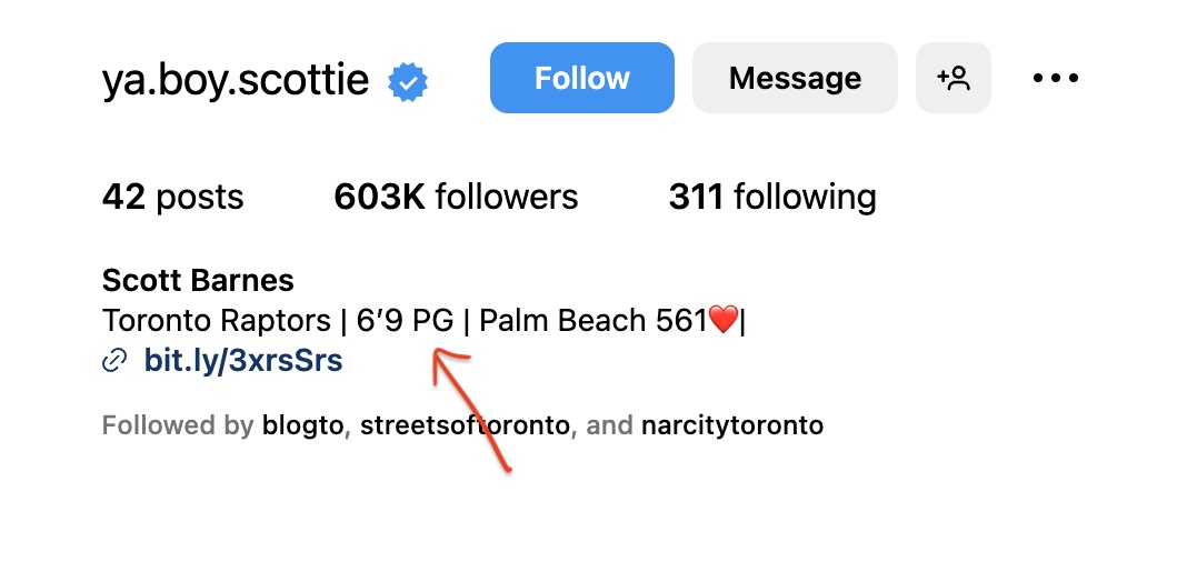 A screen grab of Scottie Barnes’s Instagram bio