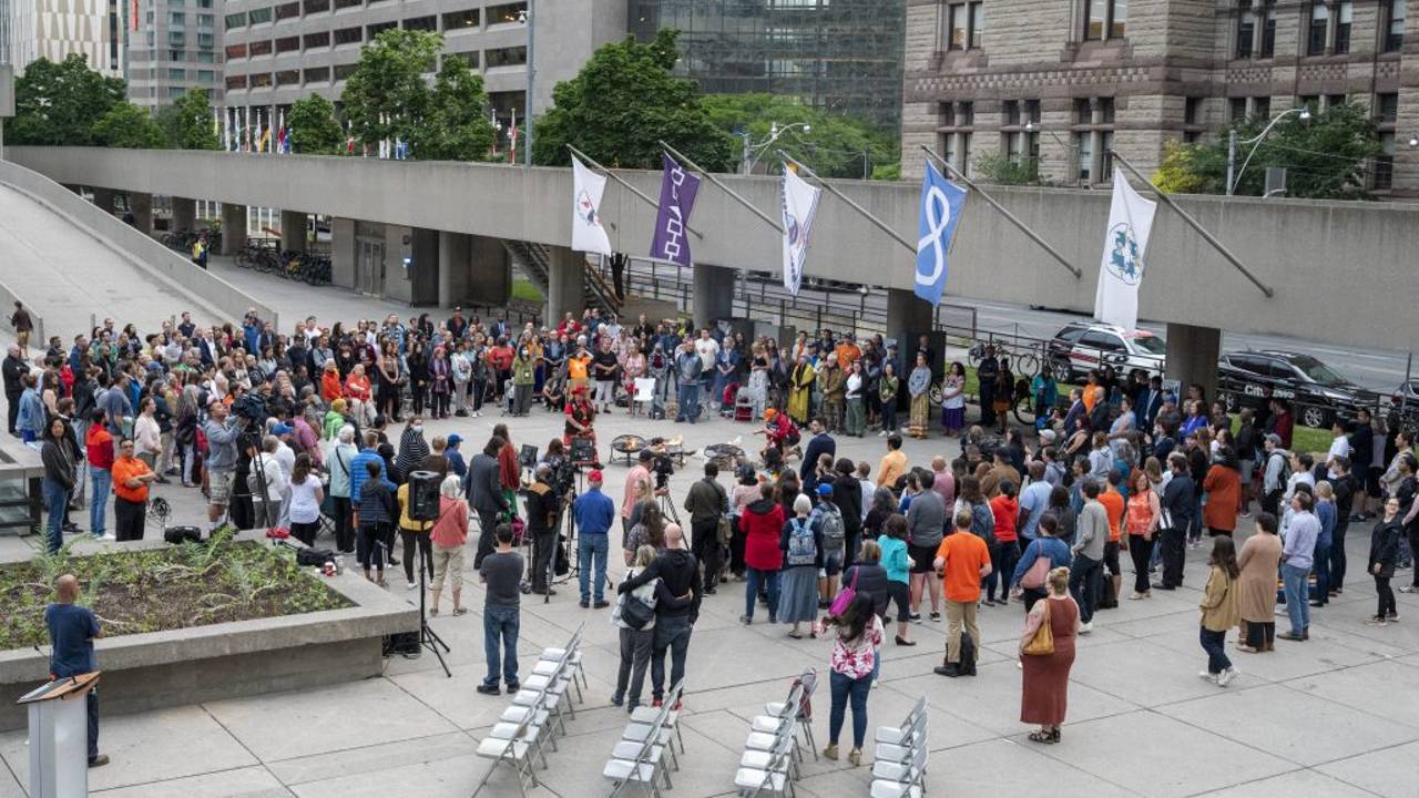 An image of a National Indigenous Peoples Day Sunrise Ceremony in Toronto’s Nathan Phillips Square in 2022
