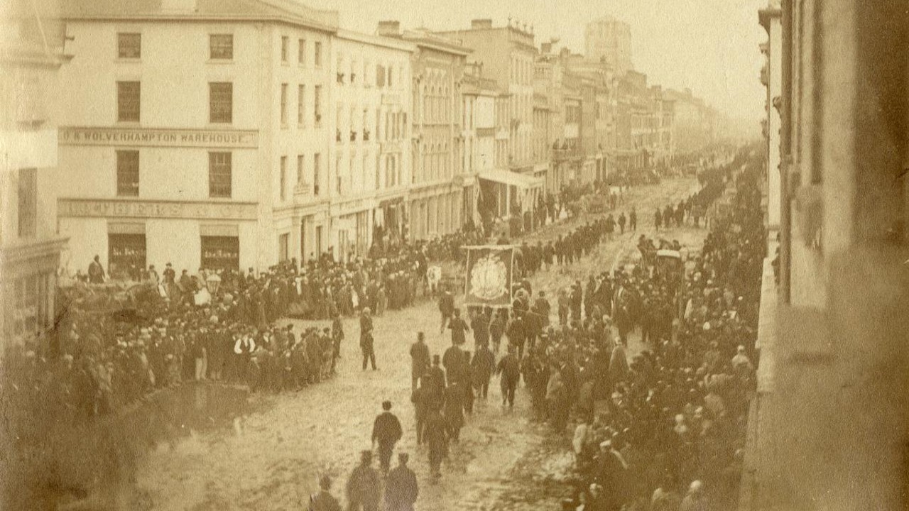 An 1867 march of Orangemen down King Street East in Toronto