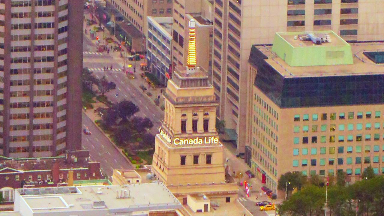 An image of the tower and weather beacon atop Toronto’s Canada Life building