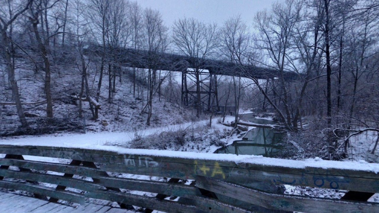 An image of a railway bridge over the Don River at Villaways Park