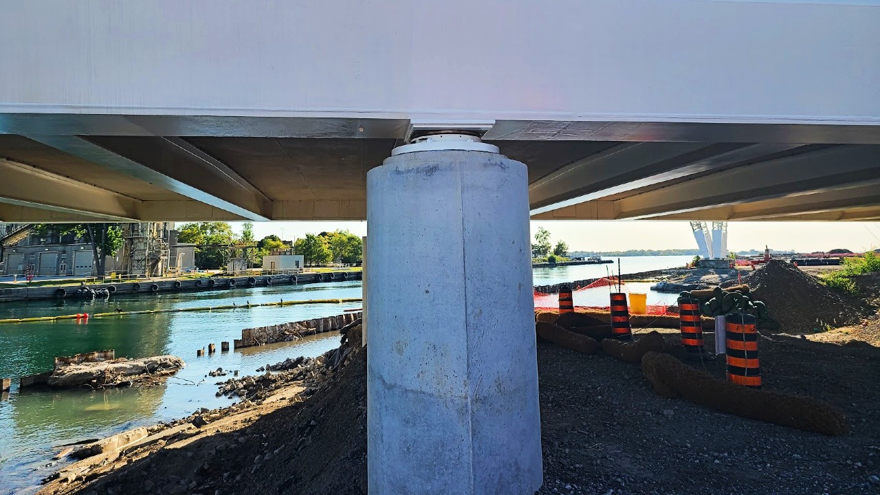 A photo of a support underneath a new bridge over the new river valley south of Villiers Island in Toronto