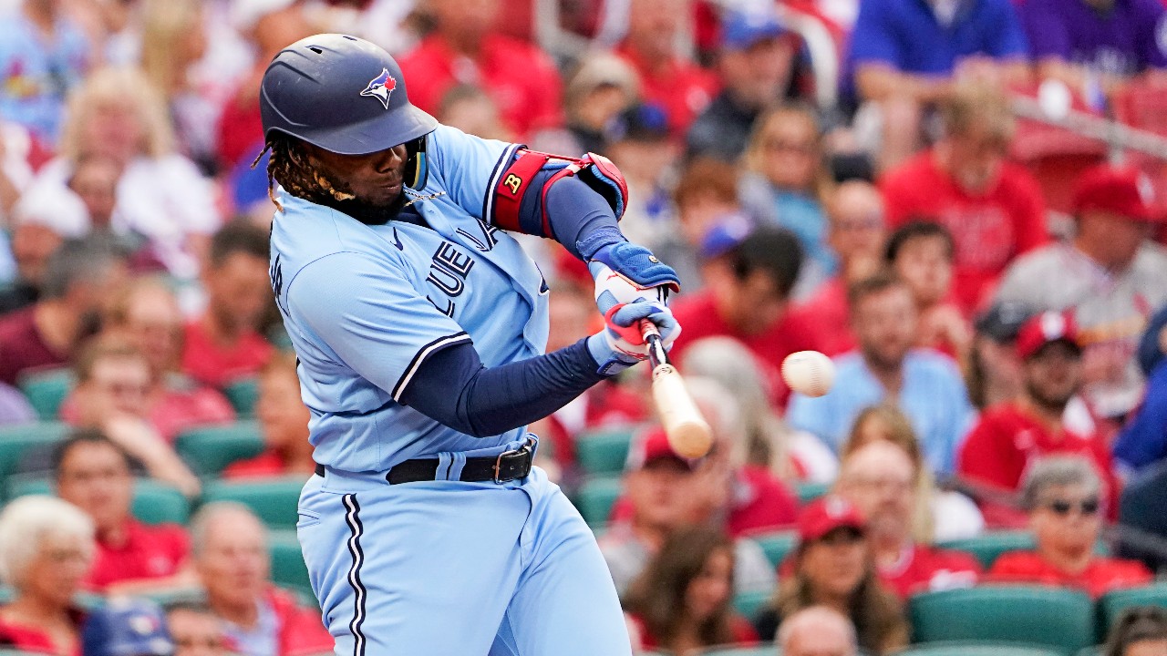 Toronto Blue Jay Vladimir Guerrero Jr. takes a swing in a game in St. Louis in May 2022