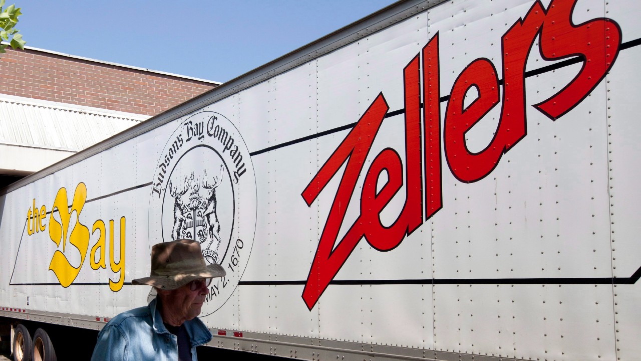 An image of a delivery truck featuring logos for Zellers and Hudson’s Bay